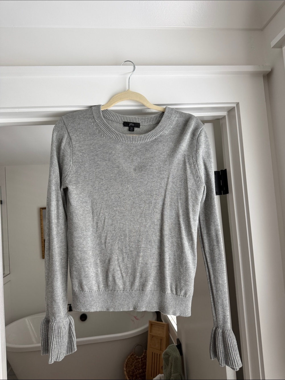 J. Crew Light Gray Crewneck Sweater with Ruffle Cuffs